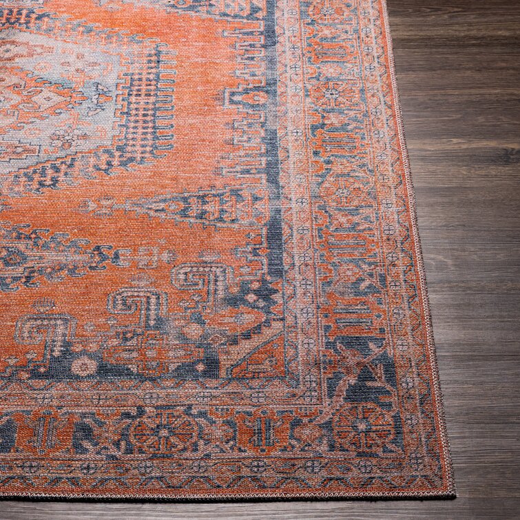 Bria Machine Washable Oriental Burnt Orange/Blue Area Rug